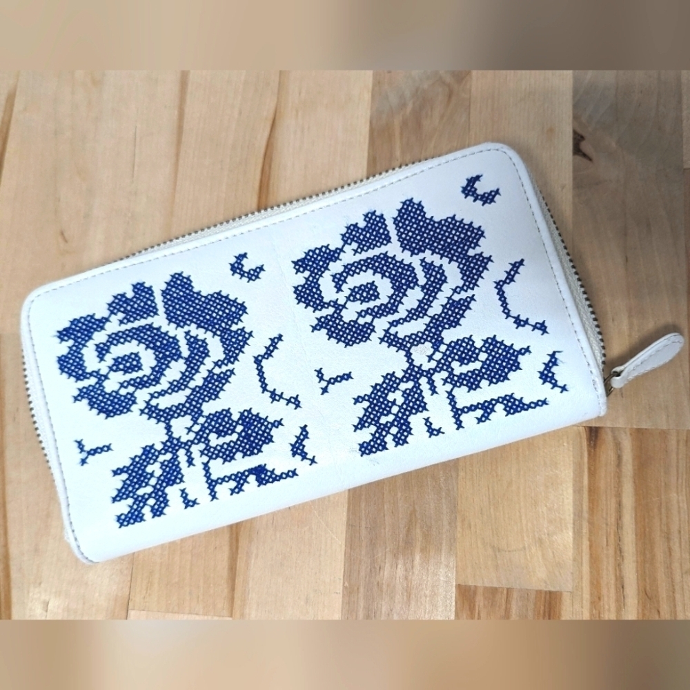 Clever Carriage Co. Crossstitch Long Zip Wallet in White Leather Blue Embroidery